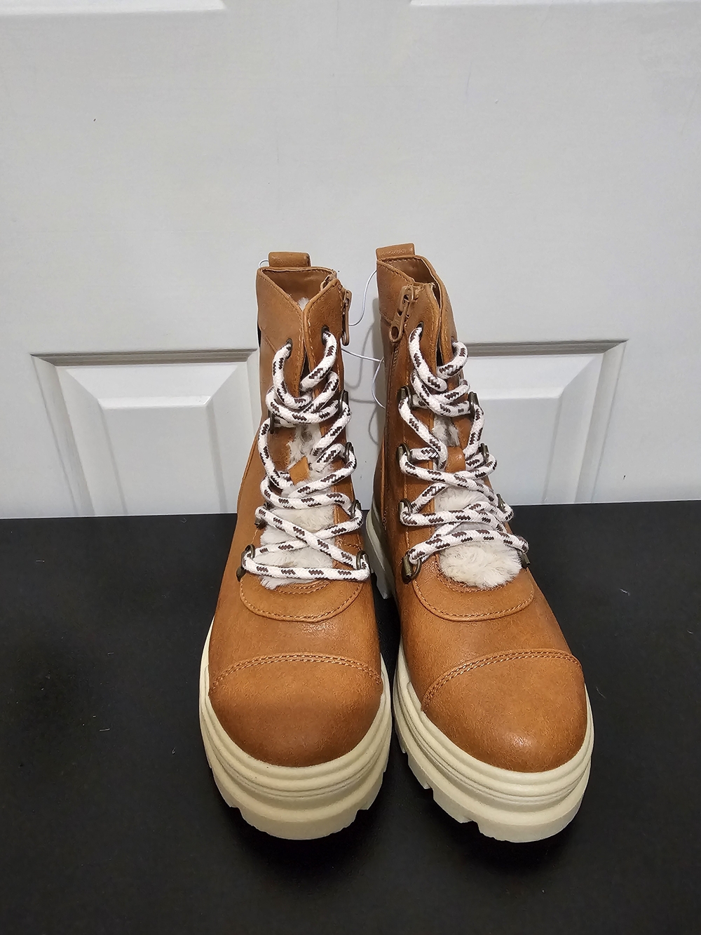 Kids Tan Platform Lace-Up And Side Zip Boots with Cream Sole